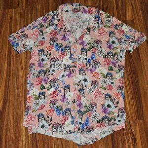 Posh Peanut Pink Floral Owl Button Up Bamboo Pajama Top Womens Size Large